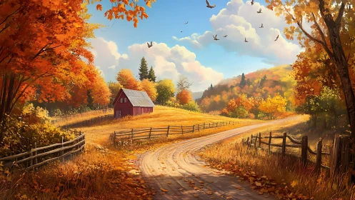 Rural dirt road and red barn in detailed autumn landscape.