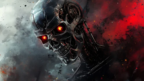 Cybernetic endoskeleton portrait with red optical sensors, smoke