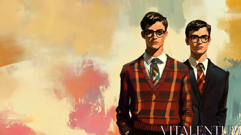 Twin male students in plaid knitwear and suit against abstract field