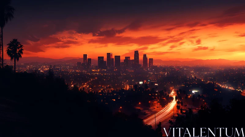 Urban skyline at dusk with illuminated traffic corridor.