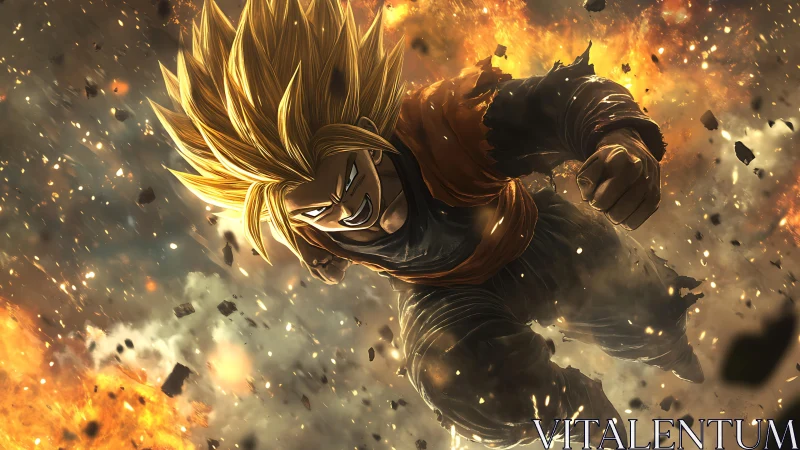 Explosive golden‑haired warrior in dynamic aerial combat charge