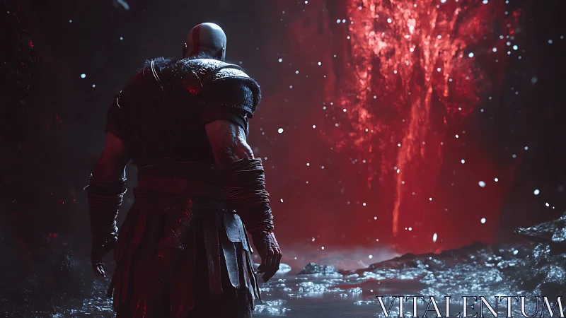 Battle-scarred warrior studies a bleeding red rift in stone