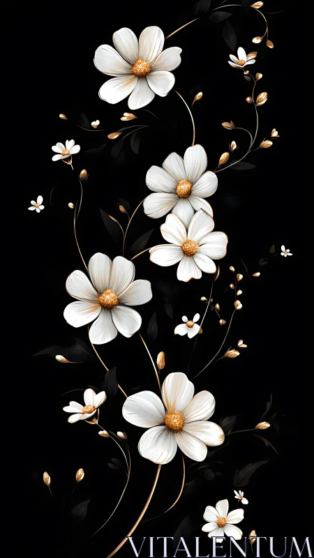 Ethereal White Cosmos Dance: Golden-Centered Blooms Against Deep Night.