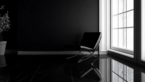 Minimalist black lounge chair rests by tall winter window