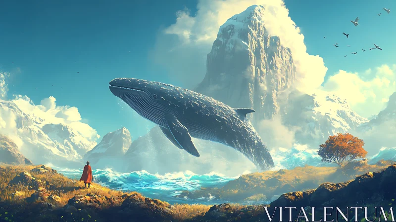 Colossal levitating whale arcs above alpine surf and wanderer