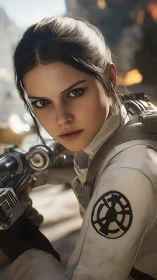 Focused sci fi soldier aiming blaster in combat zone.