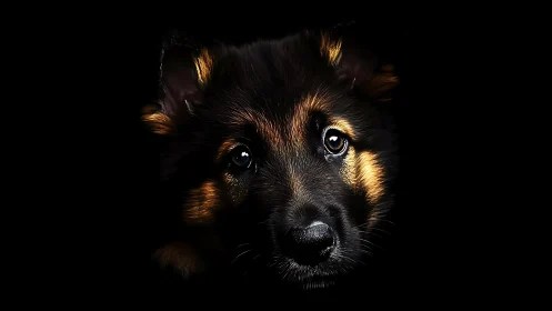 Gazing puppy portrait glows softly from deep black shadows