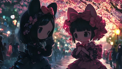 Chibi girls in frilled dresses under glowing cherry blossoms.