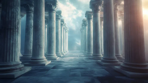 Grand marble colonnade under soft mist and sky light.