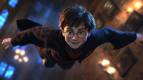 Young wizard soars through torchlit hall in vivid 3D magic.