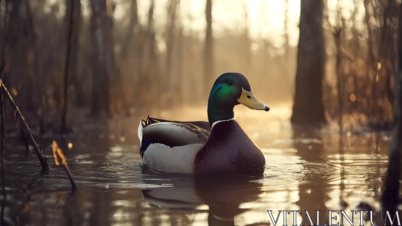 Mallard drake in shallow wetland water at low light conditions.
