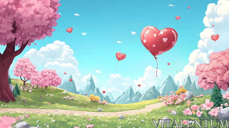 Whimsical landscape with heart balloon floating above pastoral valley.