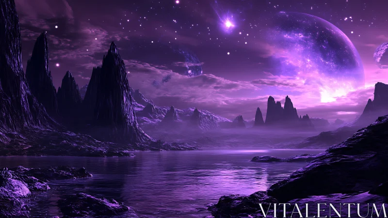 Purple alien seascape renders jagged spires under twin luminous planets