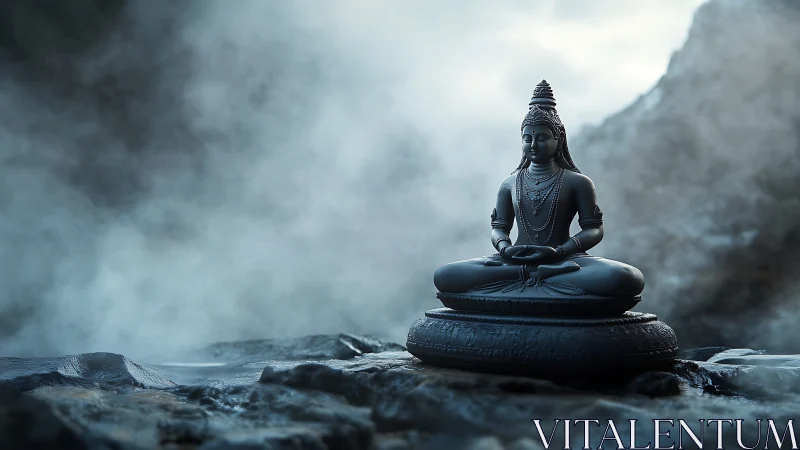 Meditating Buddha statue rests in misty mountain silence.