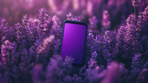 Smartphone nestles quietly in dreamy purple lavender field.