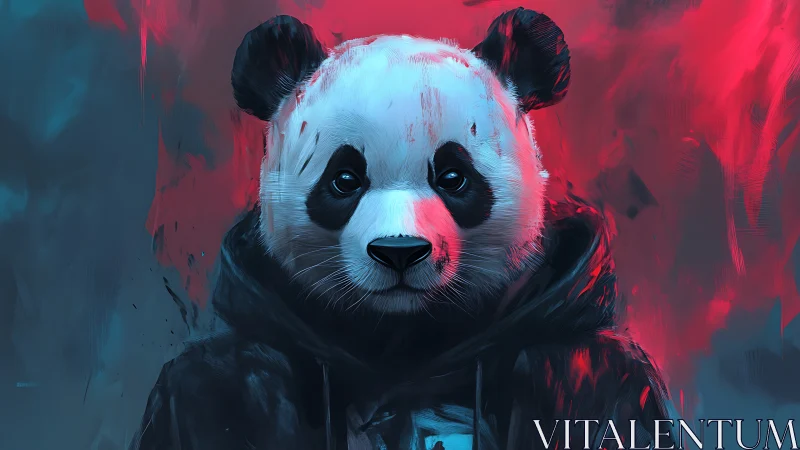 Hooded panda portrait under neon red and teal light.