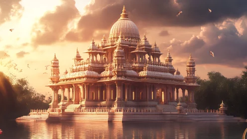 Golden riverside temple glows serenely under a dramatic sky