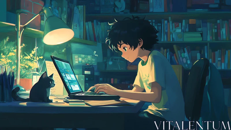 Focused teen coding at laptop under warm desk lamp in cluttered study