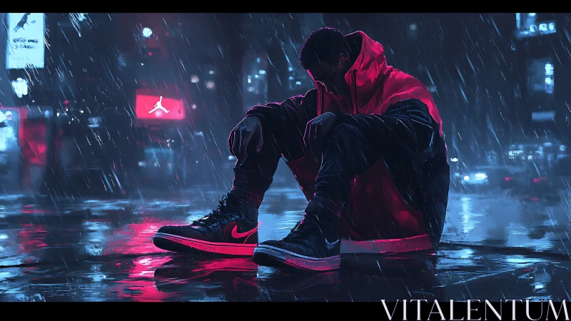 Solitary hooded figure rests in neon soaked midnight rain