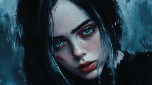 Storm-eyed rebel girl adrift in a moody midnight blue haze.