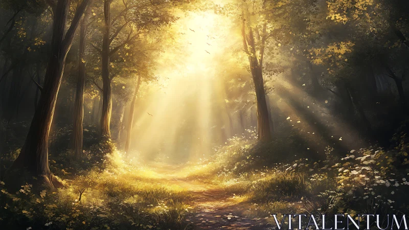 Sunlit forest path glows softly through golden morning mist