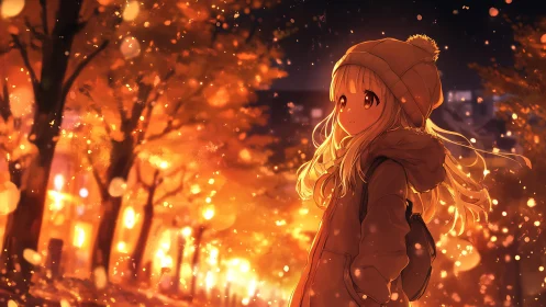 Autumn city walkway with glowing bokeh and pensive girl.