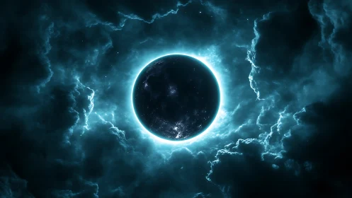 Eclipsed planet glows within luminous teal storm clouds