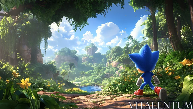 Sonic explores lush jungle valley with distant mountains