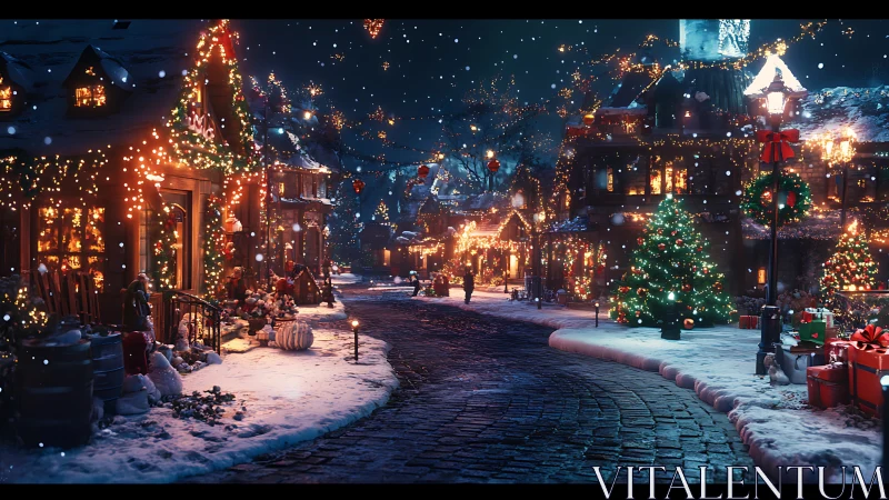 Snowy Christmas village street sparkles with festive lights.