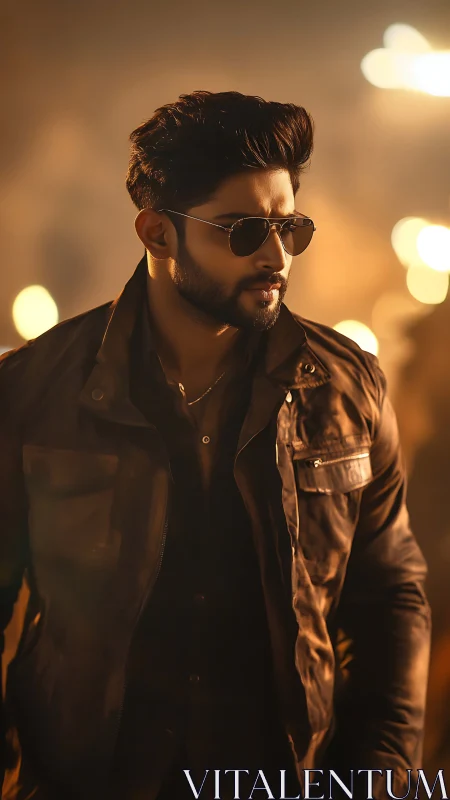 Man in leather jacket stands in shallow depth of field light