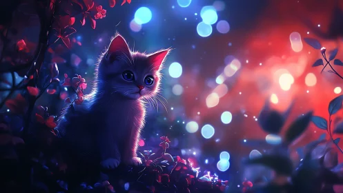 Luminous Cat Among Neon Flowers and Bokeh Light