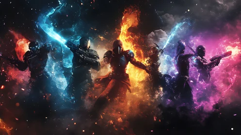 Elemental sci fi warriors channel blazing cosmic energy.