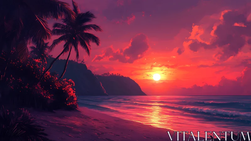 Digital painting of tropical shoreline at vivid magenta sunset.