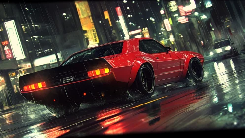Red muscle car roars through neon rain on city streets.
