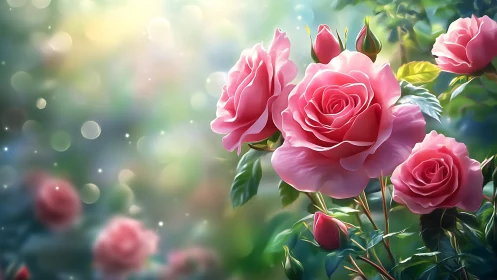 Pink Roses Bloom in Soft Sunlight.