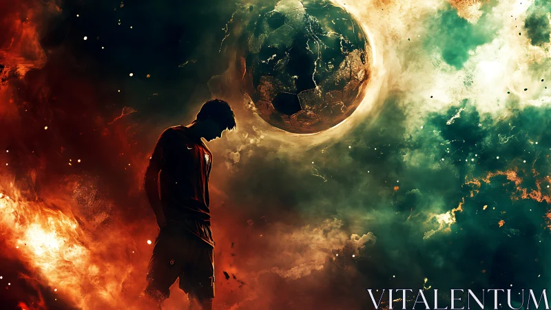 Cosmic soccer dreamer standing beneath a burning galaxy ball.