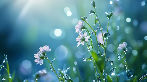 Morning dew on delicate wildflowers in cool blue bokeh.