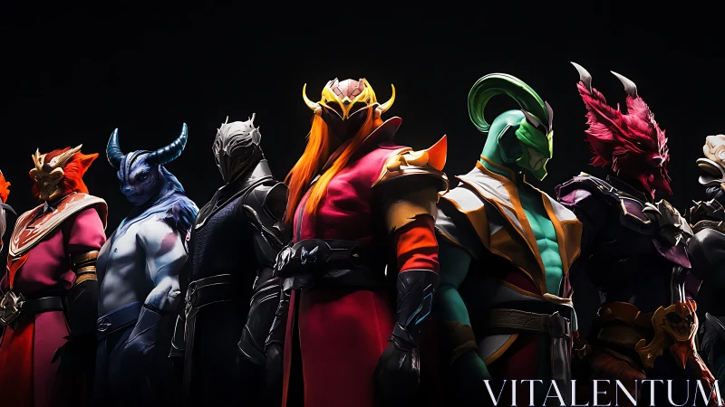 Line-up of armored fantasy champions under dramatic rim lighting