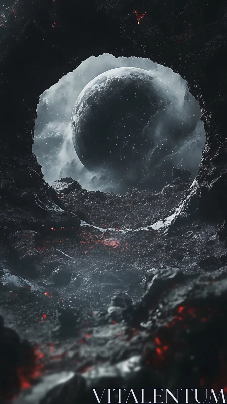 Volcanic tunnel frames a stormy crescent world in ashlight