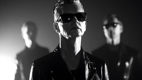 Moody black and white portrait of a cool leather-clad trio