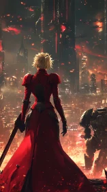 Armored warrior faces burning futuristic city skyline.