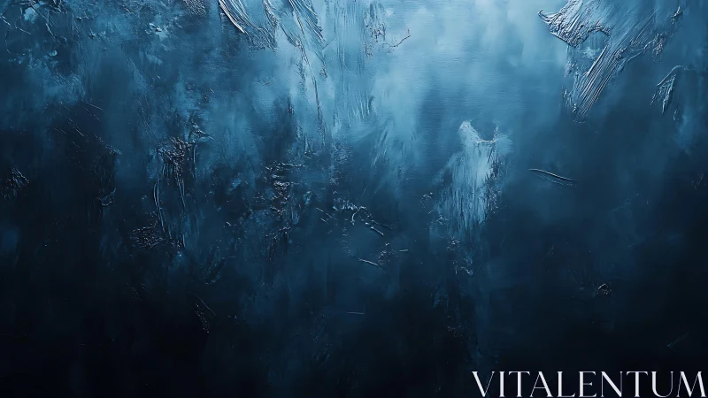 Abstract dark blue textured painting with moody, atmospheric style.