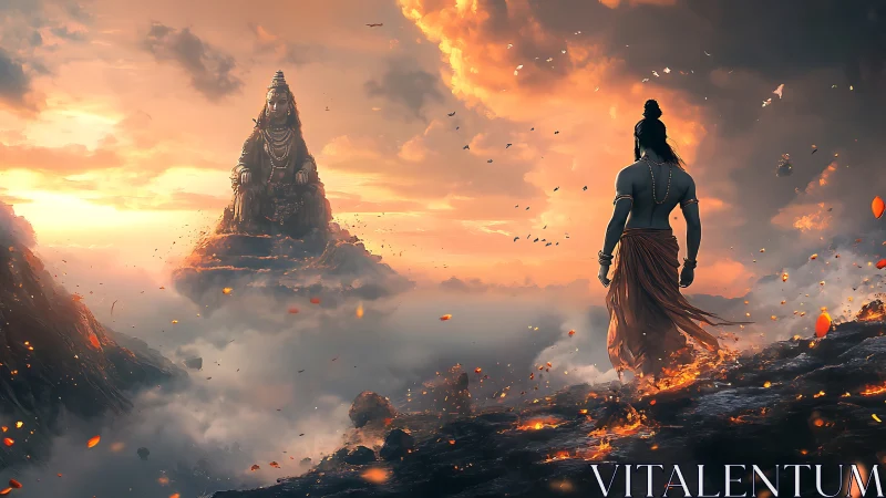 Pilgrim of fire walks toward a mountain dawn temple vision.
