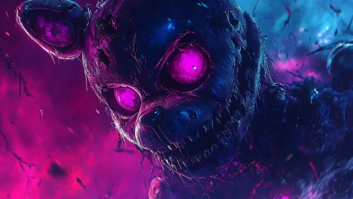 Distressed robotic bear head glows with intense magenta eyes