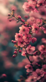 Pink blossoms with buds cluster on botanical branches in soft focus