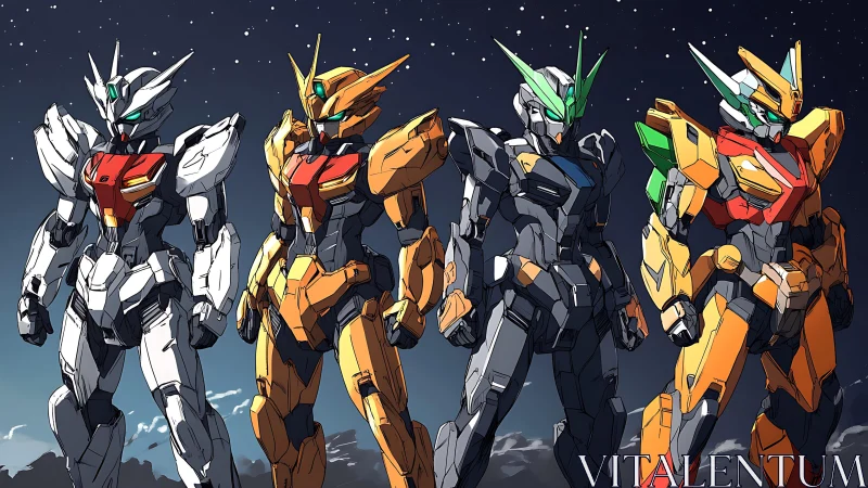 Four heroic mecha allies standing proud under starlight.