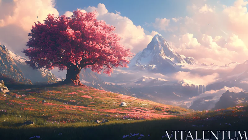 Vibrant pink tree on alpine meadow beneath luminous peaks.