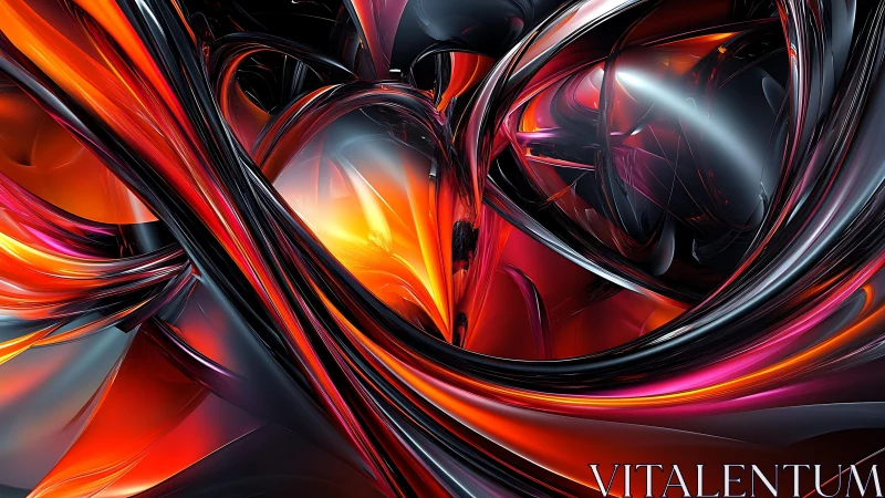 Vibrant Abstract Digital Art with Swirling Metallic Forms.
