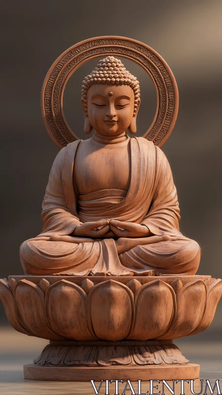 Serene wooden Buddha statue radiates calm spiritual focus
