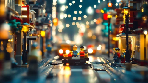 Lego city streetcar at night with glowing bokeh lights.
